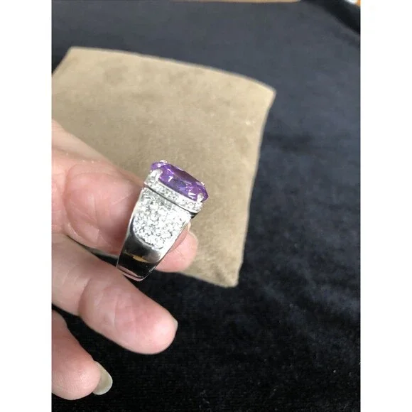 Clear crystal Rhinestone and Amethyst Silver Tone Cocktail Ring Size 5.5 Costume